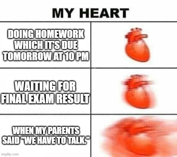 Absolutely average teenager's heart | DOING HOMEWORK WHICH IT'S DUE TOMORROW AT 10 PM; WAITING FOR FINAL EXAM RESULT; WHEN MY PARENTS SAID "WE HAVE TO TALK." | image tagged in my heart blank | made w/ Imgflip meme maker