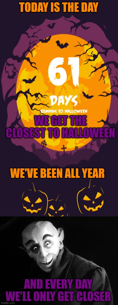 FINALLY GETTING CLOSER TO HALLOWEEN | TODAY IS THE DAY; WE GET THE CLOSEST TO HALLOWEEN; WE'VE BEEN ALL YEAR; AND EVERY DAY WE'LL ONLY GET CLOSER | image tagged in halloween,nosferatu,halloween is coming | made w/ Imgflip meme maker