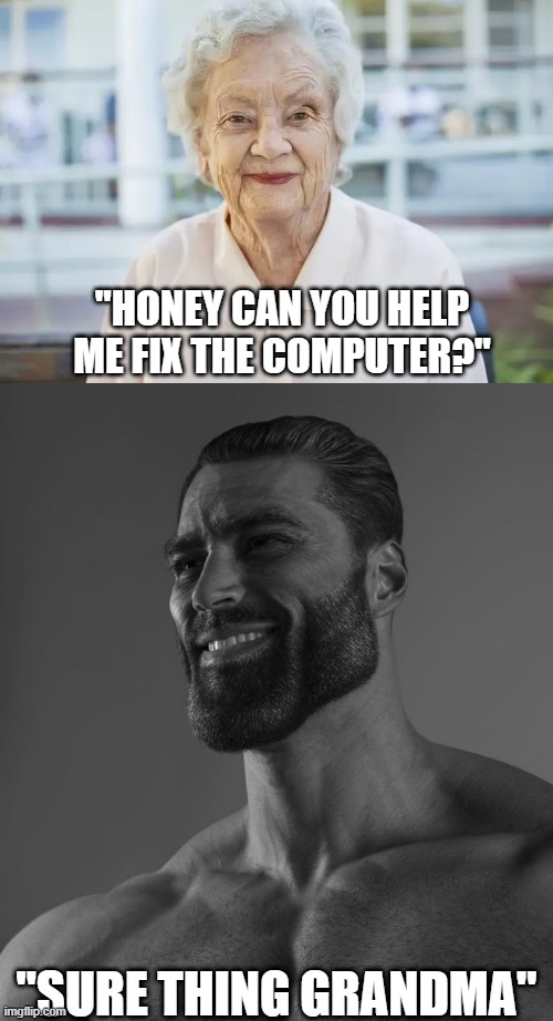 Grand parents are the best | "HONEY CAN YOU HELP ME FIX THE COMPUTER?"; "SURE THING GRANDMA" | image tagged in giga chad,funny,memes,funny memes,just a tag | made w/ Imgflip meme maker