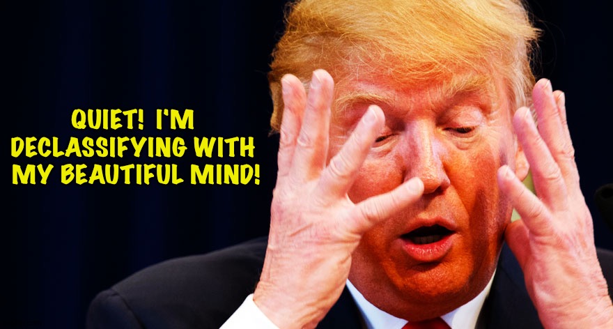Trump's "Beautiful Mind" | QUIET!  I'M 
DECLASSIFYING WITH 
MY BEAUTIFUL MIND! | image tagged in trump meltdown with hands | made w/ Imgflip meme maker