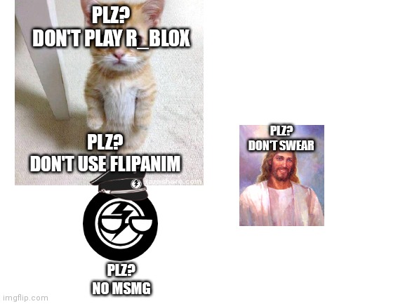 That's i posted | PLZ?
DON'T PLAY R_BLOX; PLZ?
DON'T SWEAR; PLZ?
DON'T USE FLIPANIM; PLZ?
NO MSMG | image tagged in blank white template | made w/ Imgflip meme maker