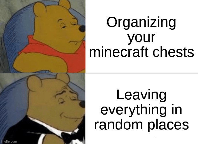 Tuxedo Winnie The Pooh | Organizing your minecraft chests; Leaving everything in random places | image tagged in memes,tuxedo winnie the pooh | made w/ Imgflip meme maker