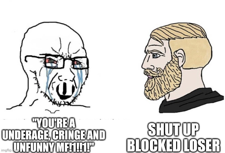 Soyboy Vs Yes Chad | SHUT UP BLOCKED LOSER; "YOU'RE A UNDERAGE, CRINGE AND UNFUNNY MF!1!!1!" | image tagged in soyboy vs yes chad | made w/ Imgflip meme maker