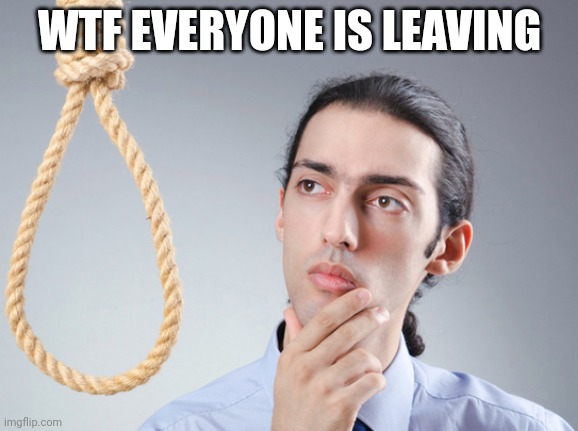 noose | WTF EVERYONE IS LEAVING | image tagged in noose | made w/ Imgflip meme maker