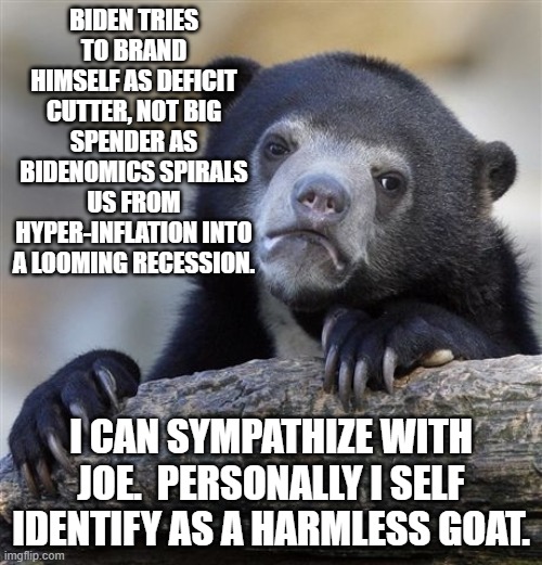 If you SAY that you are something that you are not then you CAN'T be doing what you are clearly doing. | BIDEN TRIES TO BRAND HIMSELF AS DEFICIT CUTTER, NOT BIG SPENDER AS BIDENOMICS SPIRALS US FROM HYPER-INFLATION INTO A LOOMING RECESSION. I CAN SYMPATHIZE WITH JOE.  PERSONALLY I SELF IDENTIFY AS A HARMLESS GOAT. | image tagged in confession bear,dem politician logic | made w/ Imgflip meme maker