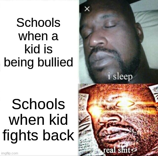 School logic | Schools when a kid is being bullied; Schools when kid fights back | image tagged in memes,sleeping shaq | made w/ Imgflip meme maker