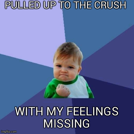Success Kid Meme | PULLED UP TO THE CRUSH  WITH MY FEELINGS MISSING | image tagged in memes,success kid | made w/ Imgflip meme maker