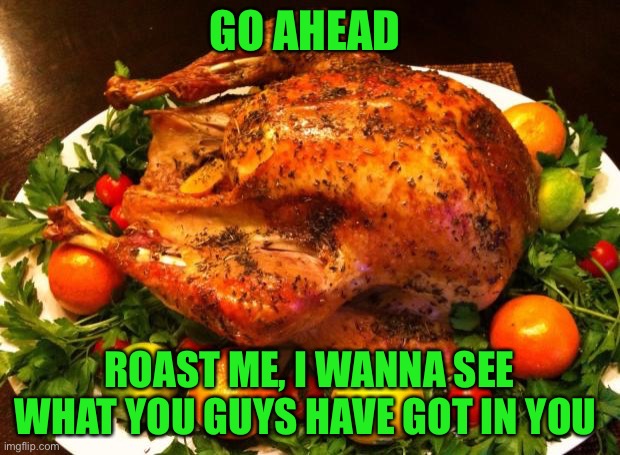 Do it, I dare you | GO AHEAD; ROAST ME, I WANNA SEE WHAT YOU GUYS HAVE GOT IN YOU | image tagged in roasted turkey | made w/ Imgflip meme maker