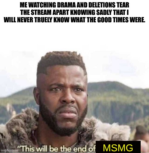 maybe we will see the rise of a new stream, or maybe we will not. either path i will follow and see. but the end may near soon. | ME WATCHING DRAMA AND DELETIONS TEAR THE STREAM APART KNOWING SADLY THAT I WILL NEVER TRUELY KNOW WHAT THE GOOD TIMES WERE. MSMG | image tagged in end of wakanda | made w/ Imgflip meme maker