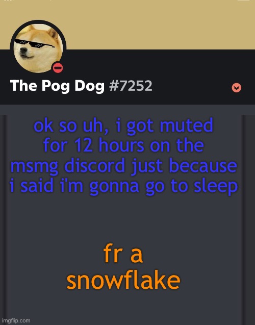 epic doggos epic discord temp | ok so uh, i got muted for 12 hours on the msmg discord just because i said i'm gonna go to sleep; fr a snowflake | image tagged in epic doggos epic discord temp | made w/ Imgflip meme maker