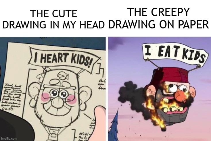 lol | THE CREEPY DRAWING ON PAPER; THE CUTE DRAWING IN MY HEAD | image tagged in i heart kids i eat kids | made w/ Imgflip meme maker