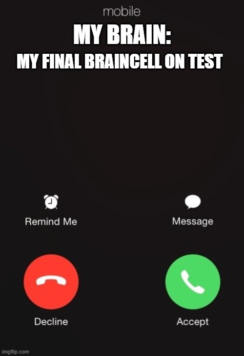 Test Moment | MY BRAIN:; MY FINAL BRAINCELL ON TEST | image tagged in incoming call | made w/ Imgflip meme maker