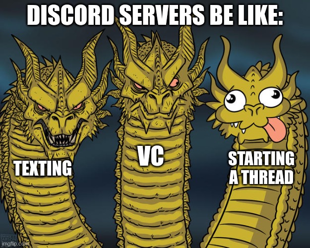 Three-headed Dragon | DISCORD SERVERS BE LIKE:; VC; STARTING A THREAD; TEXTING | image tagged in three-headed dragon | made w/ Imgflip meme maker