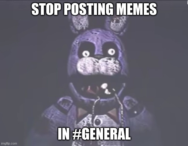 STOP POSTING MEMES; IN #GENERAL | image tagged in fnaf,five nights at freddys,five nights at freddy's | made w/ Imgflip meme maker