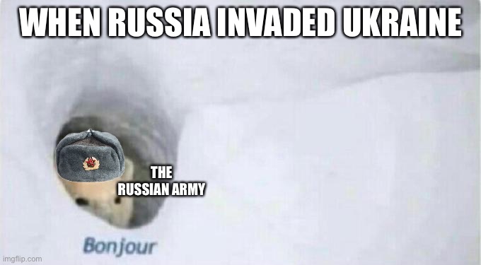 Russian bear meme | WHEN RUSSIA INVADED UKRAINE; THE RUSSIAN ARMY | image tagged in bonjour bear,russian | made w/ Imgflip meme maker