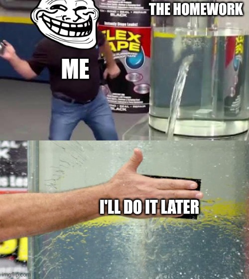 Ill do it later | THE HOMEWORK; ME; I'LL DO IT LATER | image tagged in flex tape | made w/ Imgflip meme maker