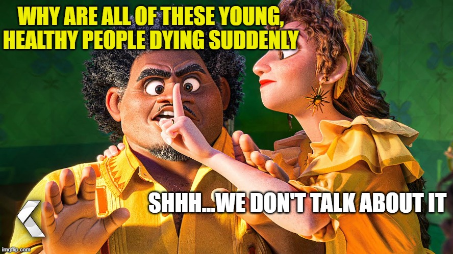 We Don't Talk about Bruno | WHY ARE ALL OF THESE YOUNG, HEALTHY PEOPLE DYING SUDDENLY; SHHH...WE DON'T TALK ABOUT IT | image tagged in we don't talk about bruno | made w/ Imgflip meme maker