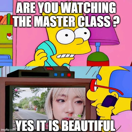 Master class | ARE YOU WATCHING THE MASTER CLASS ? YES IT IS BEAUTIFUL | image tagged in milhouse watching telettubies | made w/ Imgflip meme maker