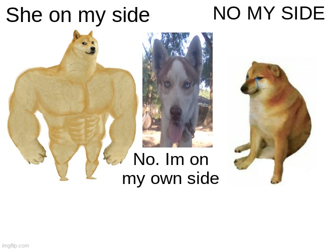 If Buff doge, Cheems, And boomy dog met | NO MY SIDE; She on my side; No. Im on my own side | image tagged in memes,buff doge vs cheems,boomy-dog,annoyed boomy-dog | made w/ Imgflip meme maker