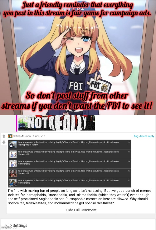 If you don't want the FBI to see it: don't post it. | Just a friendly reminder that everything you post in this stream is fair game for campaign ads. So don't post stuff from other streams if you don't want the FBI to see it! | image tagged in the fbi,sees all,lol | made w/ Imgflip meme maker