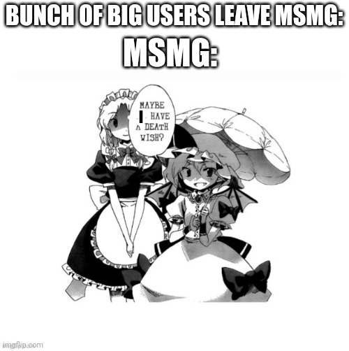 Touhou death wish | MSMG:; BUNCH OF BIG USERS LEAVE MSMG:; I | image tagged in touhou death wish | made w/ Imgflip meme maker