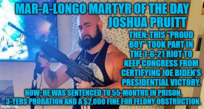 As a convicted felon, he will not be able to own guns or vote. | MAR-A-LONGO MARTYR OF THE DAY
                                       JOSHUA PRUITT; THEN: THIS "PROUD BOY" TOOK PART IN THE 1-6-21 RIOT TO KEEP CONGRESS FROM CERTIFYING JOE BIDEN'S PRESIDENTIAL VICTORY. NOW: HE WAS SENTENCED TO 55-MONTHS IN PRISON, 3-YERS PROBATION AND A $2,000 FINE FOR FELONY OBSTRUCTION. | image tagged in politics | made w/ Imgflip meme maker