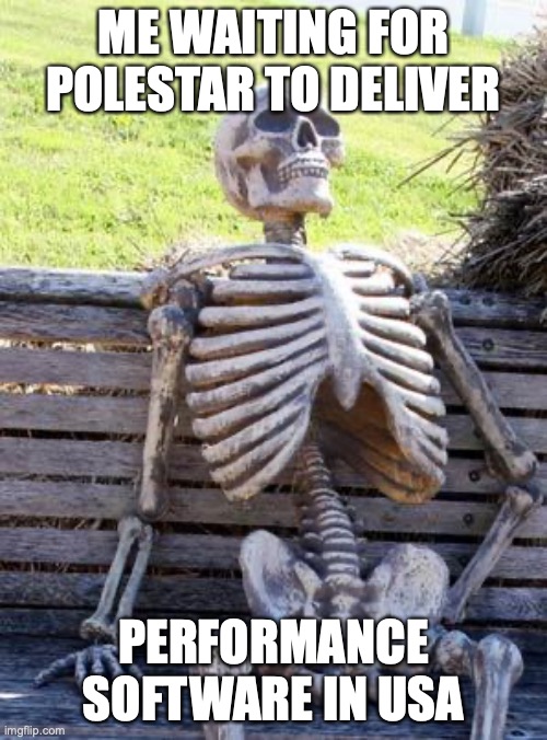 Waiting Skeleton Meme | ME WAITING FOR POLESTAR TO DELIVER; PERFORMANCE SOFTWARE IN USA | image tagged in memes,waiting skeleton | made w/ Imgflip meme maker