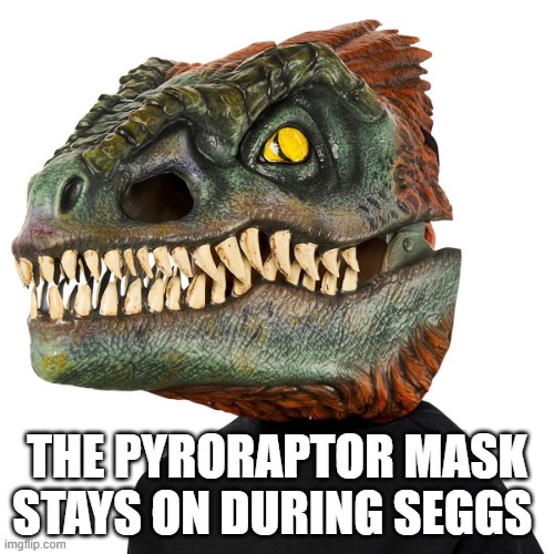 Dino seggs | THE PYRORAPTOR MASK STAYS ON DURING SEGGS | image tagged in jurassic park,jurassic world,pyroraptor,seggs | made w/ Imgflip meme maker
