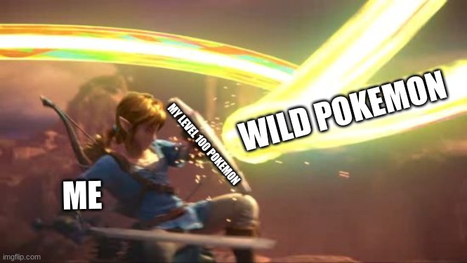 me in the wild | WILD POKEMON; MY LEVEL 100 POKEMON; ME | image tagged in link defense world of light | made w/ Imgflip meme maker