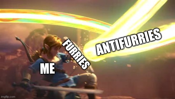 Dont worry, i got yalls back | ANTIFURRIES; ME; FURRIES | image tagged in link defense world of light | made w/ Imgflip meme maker
