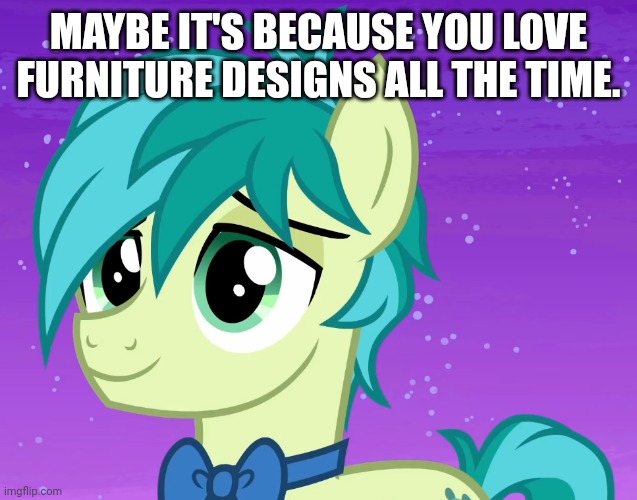 Happy Sandbar (MLP) | MAYBE IT'S BECAUSE YOU LOVE FURNITURE DESIGNS ALL THE TIME. | image tagged in happy sandbar mlp | made w/ Imgflip meme maker