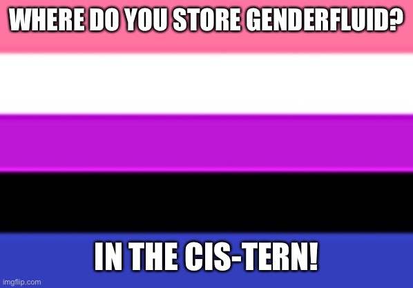 Bad joke sorry | WHERE DO YOU STORE GENDERFLUID? IN THE CIS-TERN! | image tagged in genderfluid flag | made w/ Imgflip meme maker
