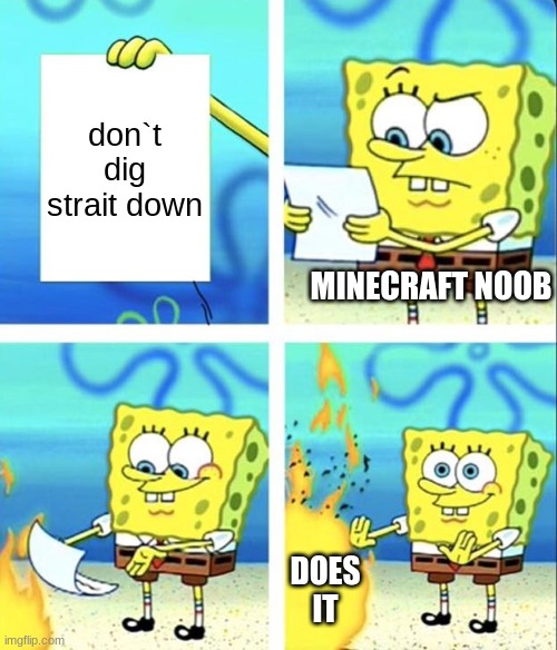 this cannot be good | don`t dig strait down; MINECRAFT NOOB; DOES IT | image tagged in spongebob yeet | made w/ Imgflip meme maker