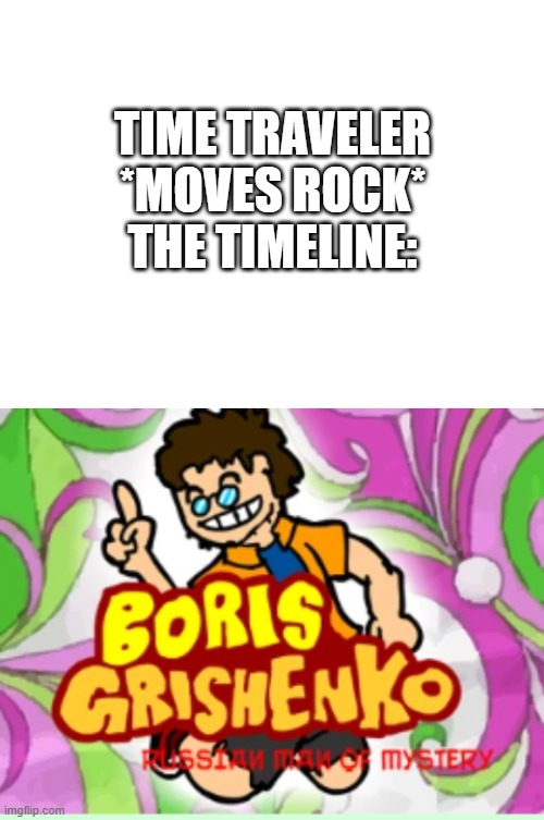 Lol | TIME TRAVELER
*MOVES ROCK*
THE TIMELINE: | image tagged in blank white template | made w/ Imgflip meme maker