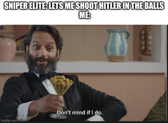 Cause him PAIN! | SNIPER ELITE: LETS ME SHOOT HITLER IN THE BALLS
 ME: | image tagged in dont mind if i do,sniper elite,gaming | made w/ Imgflip meme maker