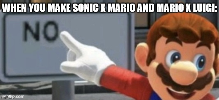 NO | WHEN YOU MAKE SONIC X MARIO AND MARIO X LUIGI: | image tagged in mario no sign | made w/ Imgflip meme maker