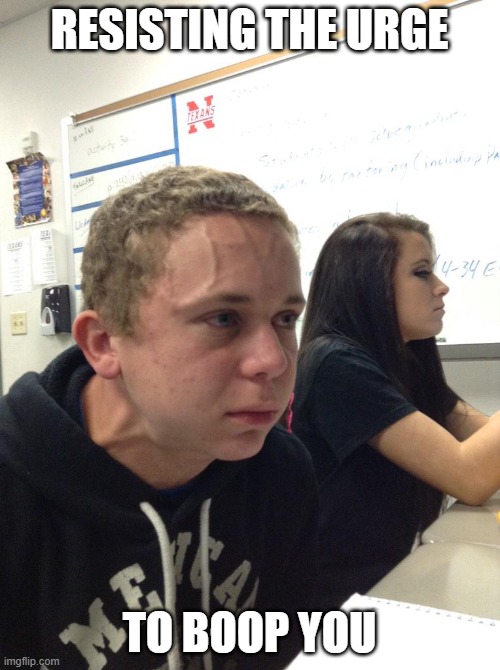 Veins forehead kid | RESISTING THE URGE TO BOOP YOU | image tagged in veins forehead kid | made w/ Imgflip meme maker