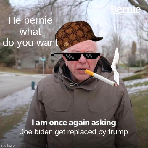 Bernie I Am Once Again Asking For Your Support | He bernie what do you want; Joe biden get replaced by trump | image tagged in memes,bernie i am once again asking for your support | made w/ Imgflip meme maker