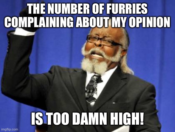 Bruh just ignore???? Like, stop trying to convince an anti-furry to change his mind damn | THE NUMBER OF FURRIES COMPLAINING ABOUT MY OPINION; IS TOO DAMN HIGH! | image tagged in memes,too damn high | made w/ Imgflip meme maker