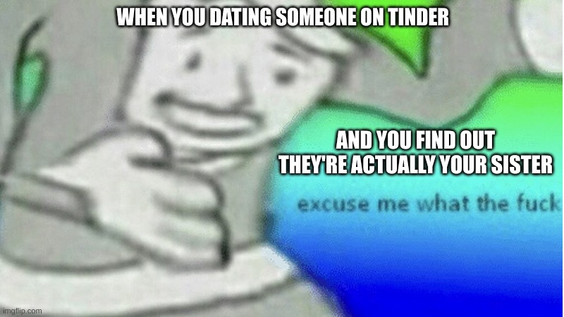 extreme memes | WHEN YOU DATING SOMEONE ON TINDER; AND YOU FIND OUT THEY'RE ACTUALLY YOUR SISTER | image tagged in excuse me what the f ck | made w/ Imgflip meme maker