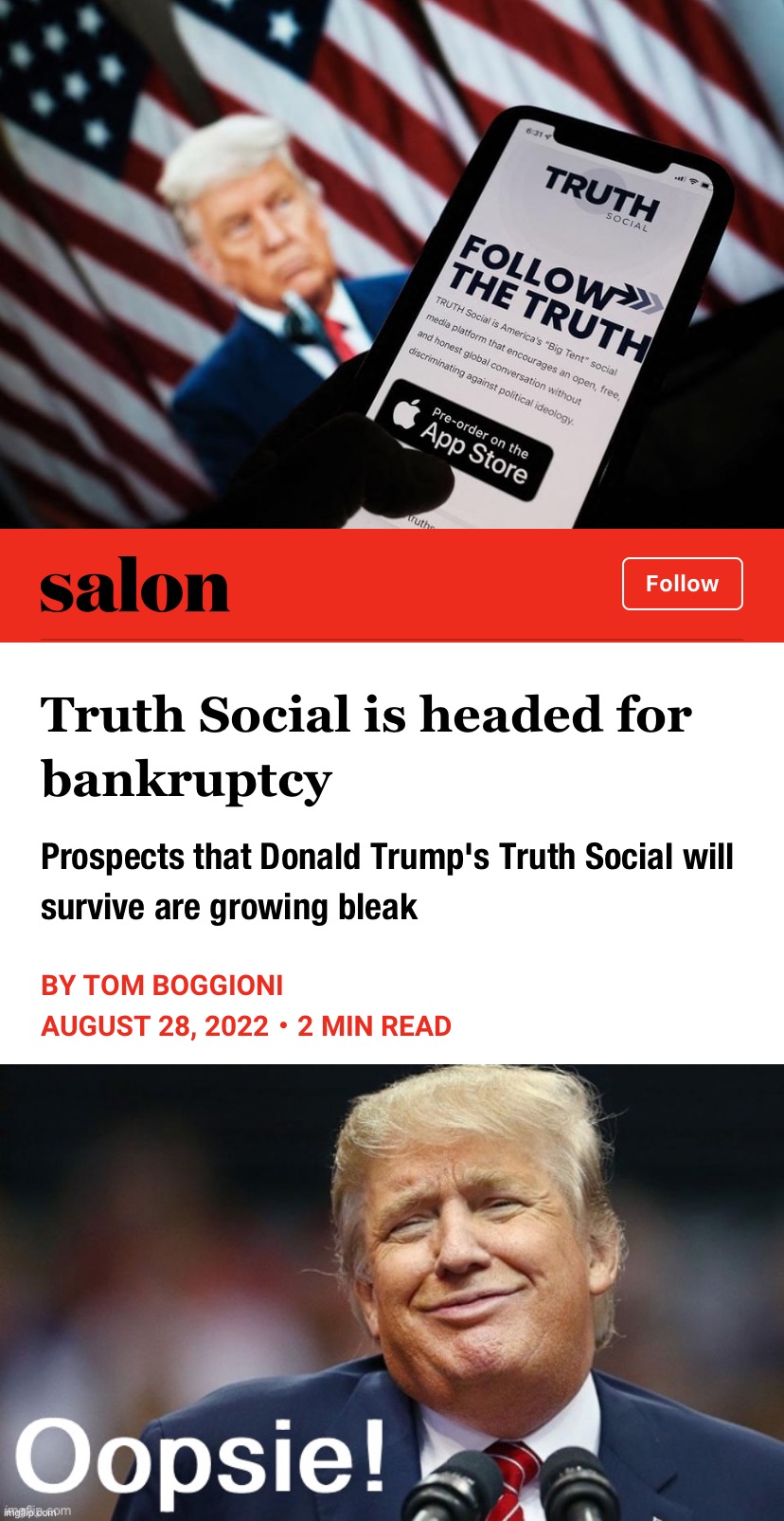image tagged in truth social is headed for bankruptcy,donald trump oopsie | made w/ Imgflip meme maker