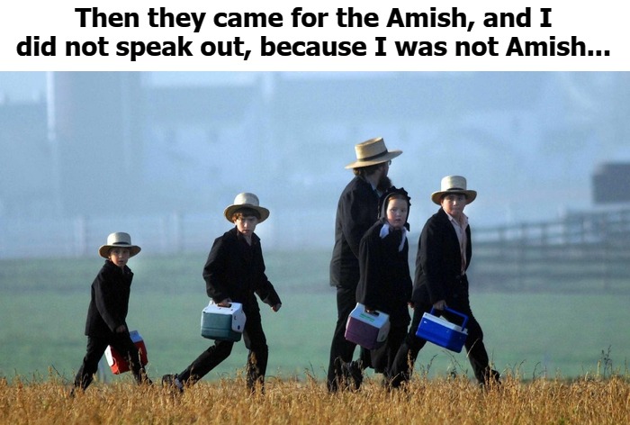 Then they came for the Amish... | Then they came for the Amish, and I did not speak out, because I was not Amish... | image tagged in amish | made w/ Imgflip meme maker