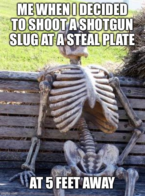 Don’t be this guy shoot safe! | ME WHEN I DECIDED TO SHOOT A SHOTGUN SLUG AT A STEAL PLATE; AT 5 FEET AWAY | image tagged in memes,waiting skeleton | made w/ Imgflip meme maker