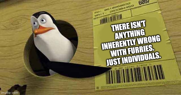 Penguin pointing at sign | THERE ISN'T ANYTHING INHERENTLY WRONG WITH FURRIES. JUST INDIVIDUALS. | image tagged in penguin pointing at sign | made w/ Imgflip meme maker