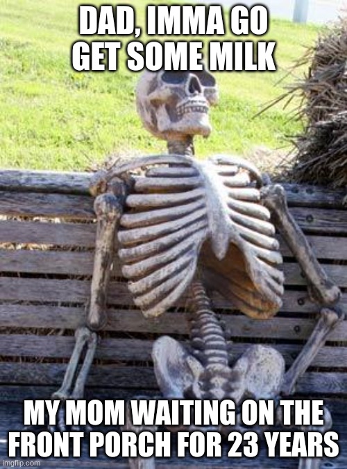 Milk dad | DAD, IMMA GO GET SOME MILK; MY MOM WAITING ON THE FRONT PORCH FOR 23 YEARS | image tagged in memes,waiting skeleton | made w/ Imgflip meme maker