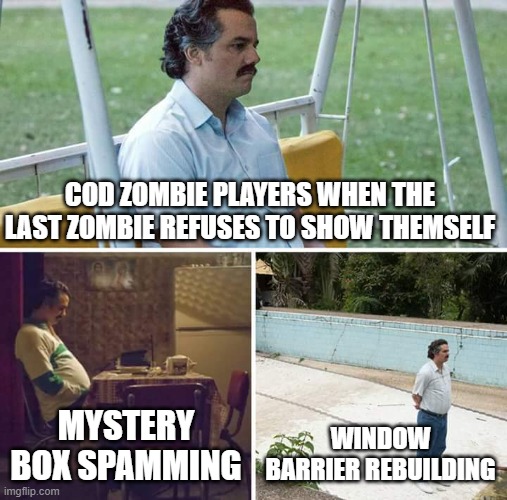 Cod meme #65 |  COD ZOMBIE PLAYERS WHEN THE LAST ZOMBIE REFUSES TO SHOW THEMSELF; MYSTERY BOX SPAMMING; WINDOW BARRIER REBUILDING | image tagged in memes,sad pablo escobar,cod,zombies,alone,lonely | made w/ Imgflip meme maker