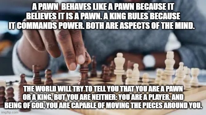 Pawn and King | A PAWN  BEHAVES LIKE A PAWN BECAUSE IT BELIEVES IT IS A PAWN. A KING RULES BECAUSE IT COMMANDS POWER. BOTH ARE ASPECTS OF THE MIND. THE WORLD WILL TRY TO TELL YOU THAT YOU ARE A PAWN OR A KING, BUT YOU ARE NEITHER: YOU ARE A PLAYER. AND BEING OF GOD, YOU ARE CAPABLE OF MOVING THE PIECES AROUND YOU. | image tagged in chess pov,inspiration,pawn,king,child of god,wu tang | made w/ Imgflip meme maker