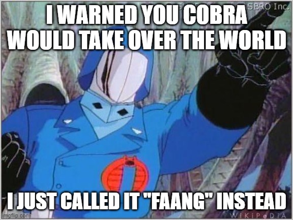 Cobra Commander | I WARNED YOU COBRA WOULD TAKE OVER THE WORLD; I JUST CALLED IT "FAANG" INSTEAD | image tagged in cobra commander | made w/ Imgflip meme maker