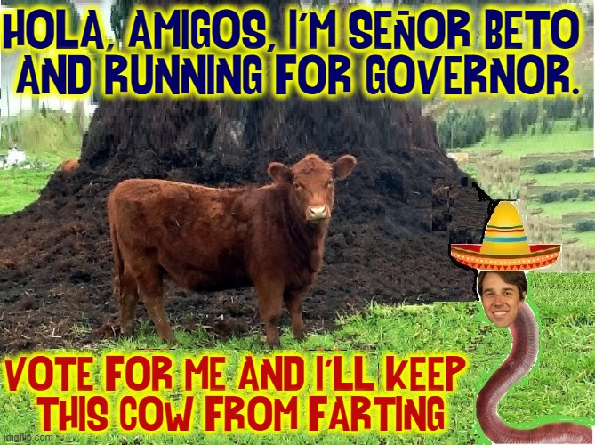 Beto the worm is a fake Latino, he ia spoiled, rich & never held a job | HOLA, AMIGOS, I'M SEÑOR BETO 
AND RUNNING FOR GOVERNOR. VOTE FOR ME AND I'LL KEEP 
THIS COW FROM FARTING | image tagged in vince vance,beto,memes,worms,global warming,fake | made w/ Imgflip meme maker
