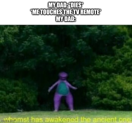 Whomst has awakened the ancient one |  MY DAD: *DIES*
*ME TOUCHES THE TV REMOTE*
MY DAD: | image tagged in whomst has awakened the ancient one,dad,death,remote control | made w/ Imgflip meme maker
